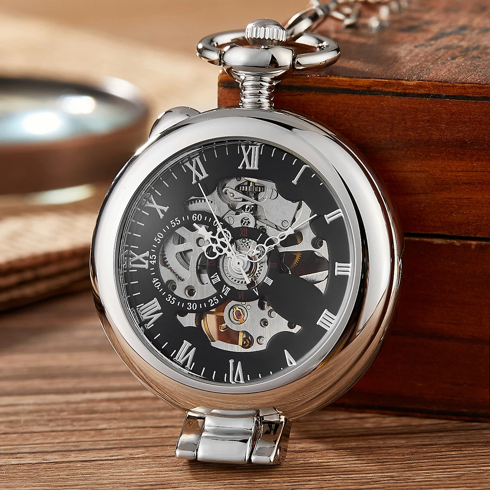 Luxury Golden Mechanical Pocket Watches Unique Hollow Steampunk Hand-winding Mechanical Fob Watch Flip Necklace Clock With Chain