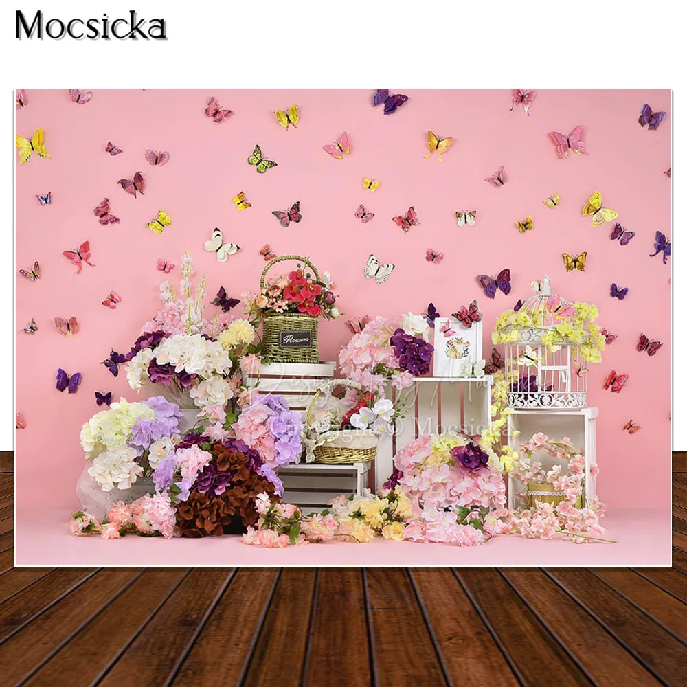 

Фон для фотосъемки с изображением весенней бабочки цветка розового цвета для девочек торта разбитого первого дня рождения детский студийн...