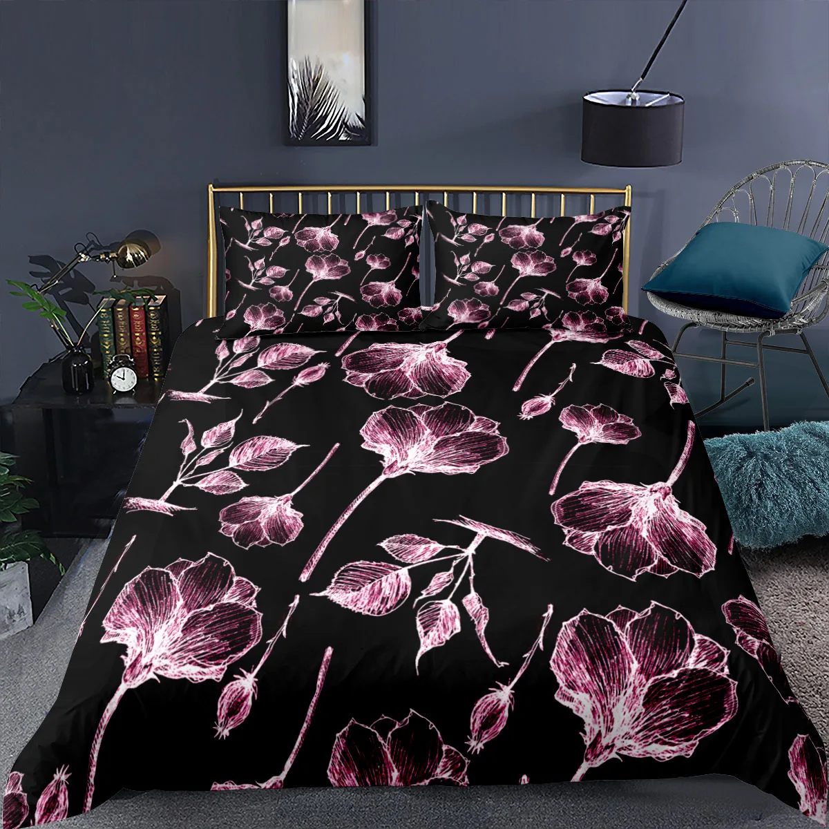 Комплект постельного белья с пурпурными цветами фантазийный современный черный