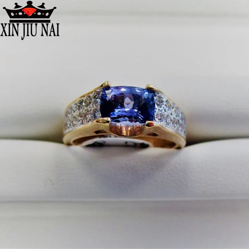 18K золотое модное квадратное сапфировое женское кольцо с прозрачным кристаллом