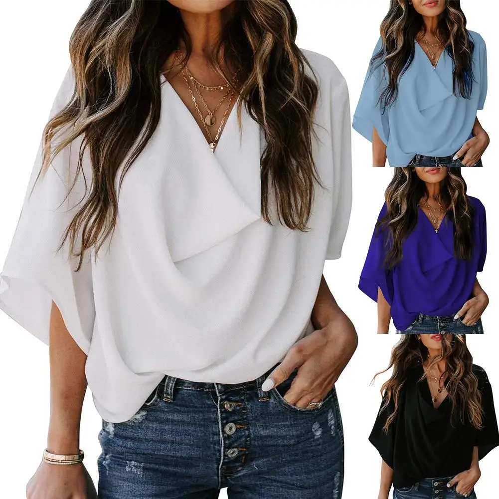 

Women Fashion Solid Color Half Sleeve V Neck Draped Front Shirt Blouse T-shirt Summer Loose Casual Office Ladies Shirt Plus Size