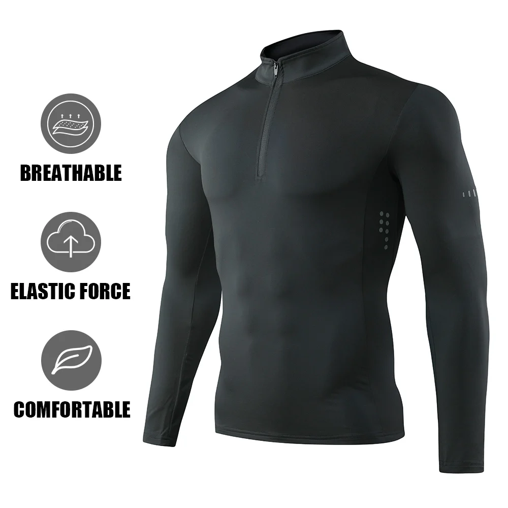 Quick Dry T Shirt Training Men Long-Sleeve Tights Fitness Gym Zipper Collar Running T-Shirt Muscle Shirts Men Polyester T-Shirt