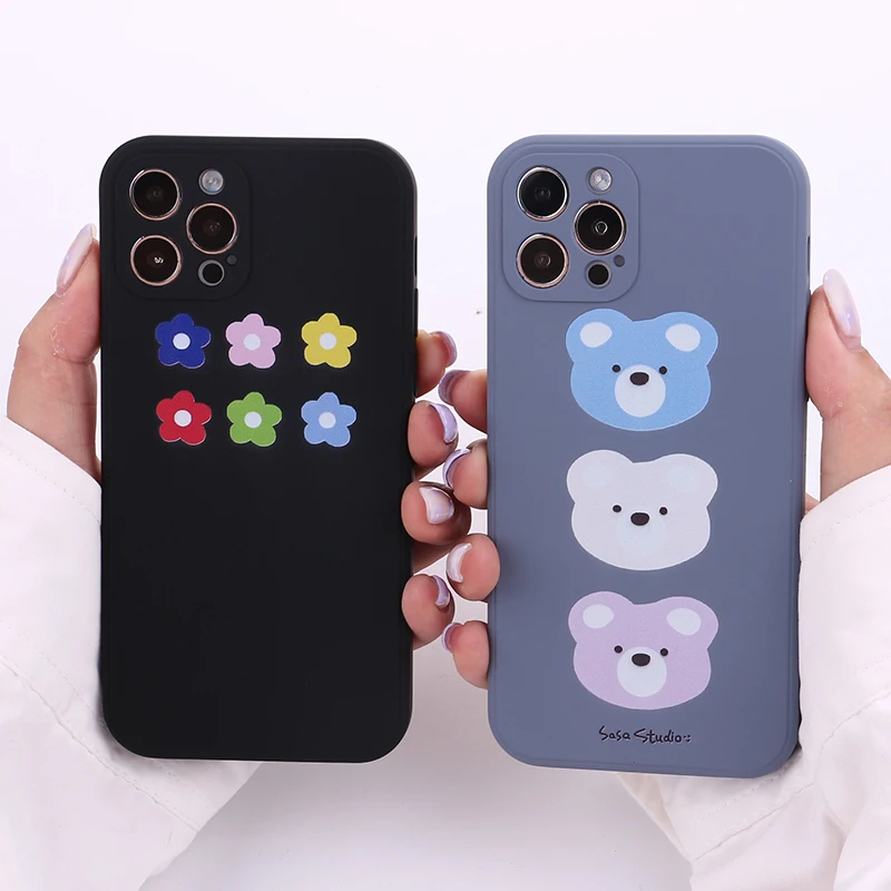 

Cute Bear Liquid Silicone Shockproof Phone Case Cover For iPhone 11 12 Pro Max Mini X XR XS 7 8 Plus Protective Soft Cover Shell
