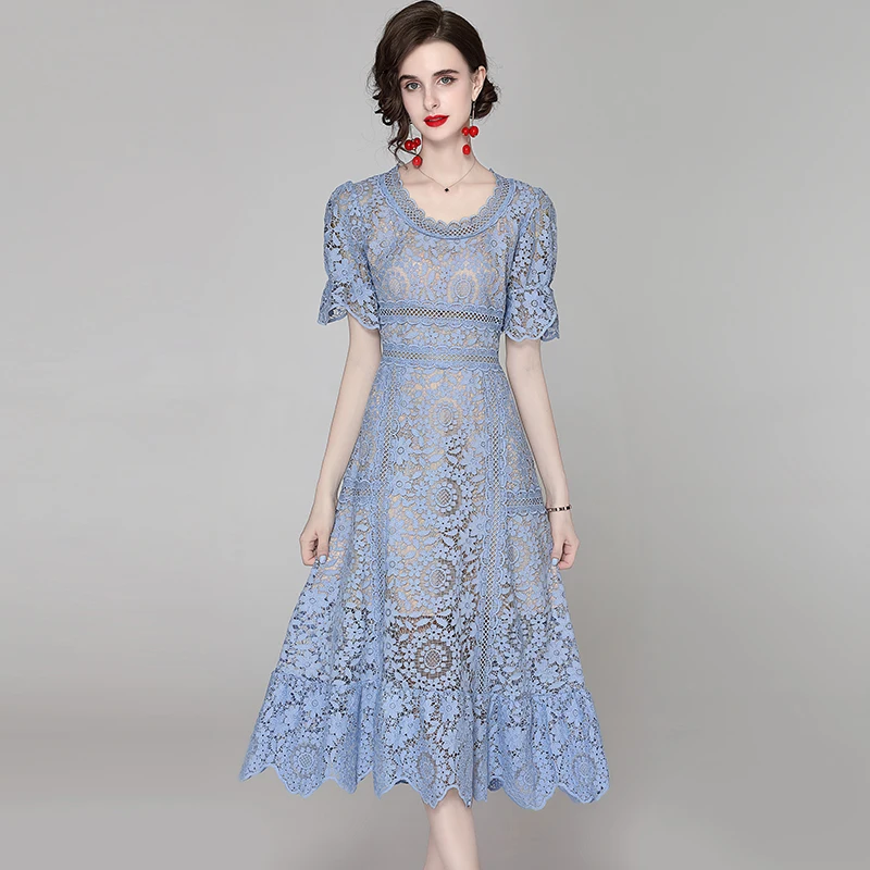 

Women Elegant Office Hollow Out Water soluble Lace Dresses Summer New Solid O-Neck Slim Party Dress Female