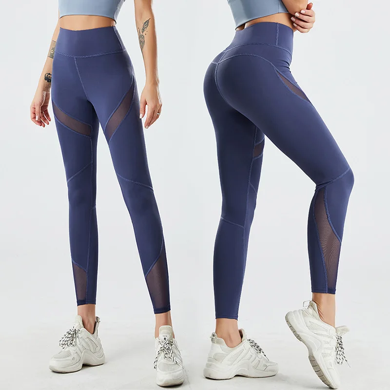 Fitness pants women's high-waist mesh yarn fight hip-lifting elastic sports leggings peach hip yoga pants