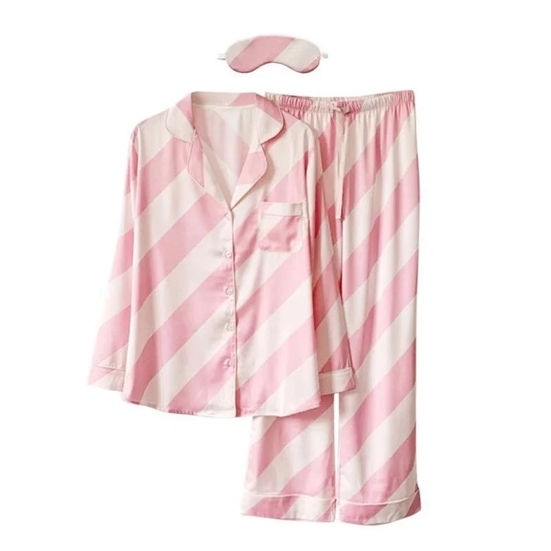 QWEEK Silk Pajamas for Women Striped Sleepwear Autumn Female Set Woman 2 Pieces Winter Pijama Long Sleeve Pyjamas Home Suit Pjs