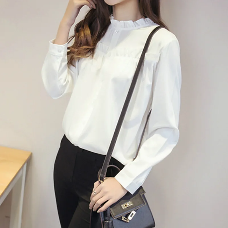 

Women's Long Sleeve Shirt Female Autumn Top Base Shirt New Style Korean-style Slim Fit Adult Frilled Collar Shirt