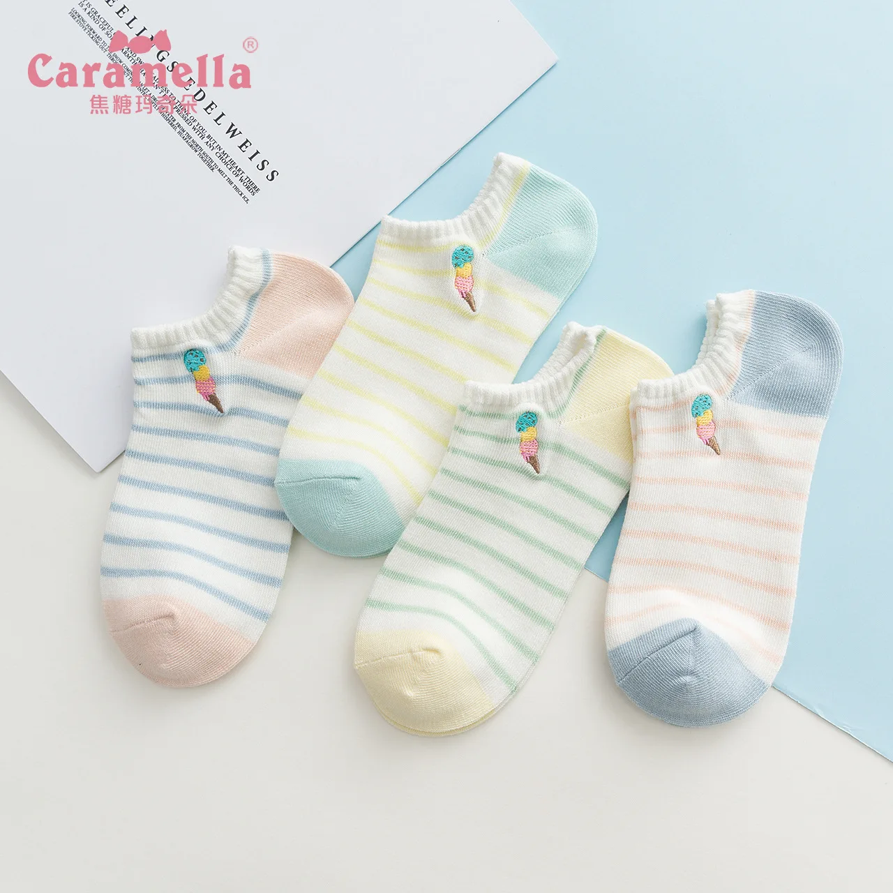 4 пары полосатые женские носки башмачки с вышивкой мороженого героями