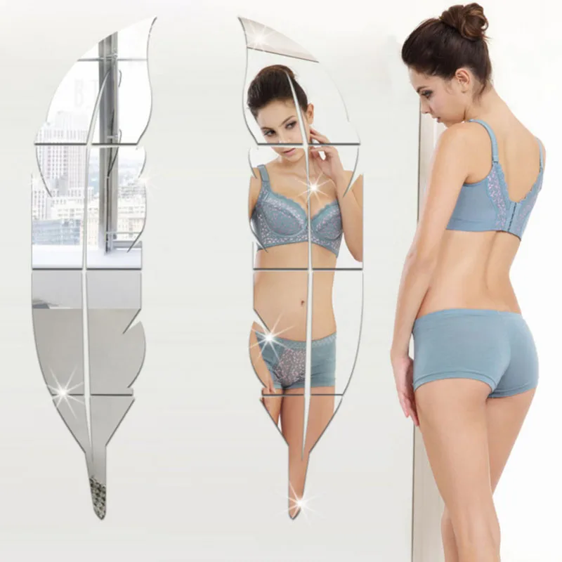 Модная Современная декоративная зеркальная Настенная Наклейка с 3D перьями