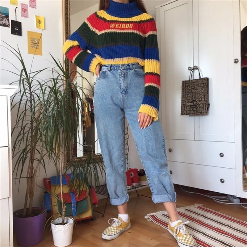 Осень каваи Радуга Разноцветные полосатый водолазка pull femme sweter вышивка вязаный свободный короткий укороченный свитер для женщин