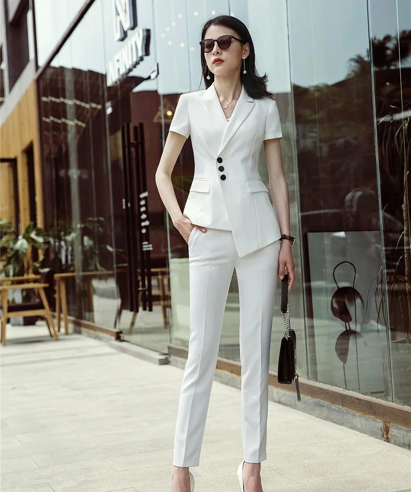

Женские белые деловые блейзеры, деловая одежда для работы, костюмы из 2 предметов, брюки-карандаш и куртка, летние офисные костюмы с коротким...