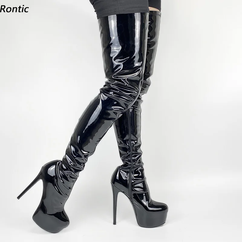 

Женские высокие ботинки из лакированной кожи Rontic, черные ботинки ручной работы на шпильках с круглым носком, Клубная обувь американского ра...