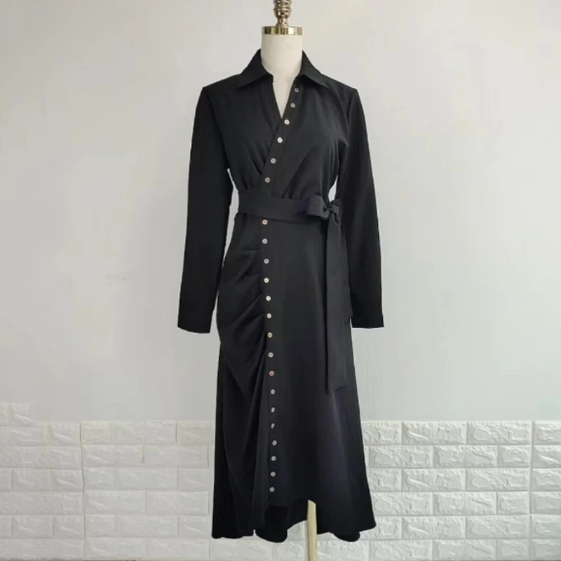 black dress TWOTWINSTYLE женские платья больших размеров V образным вырезом Высокая талия на шнуровке асимметричное платье Женская мода женская одежда осень - Цвет: black dress