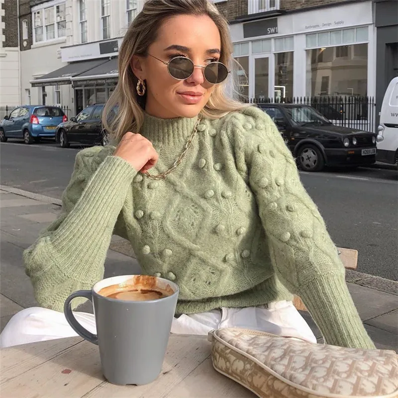 

Женский вязаный свитер с высоким воротником, вязаный пуловер с пышными рукавами, уличная одежда для осени и зимы