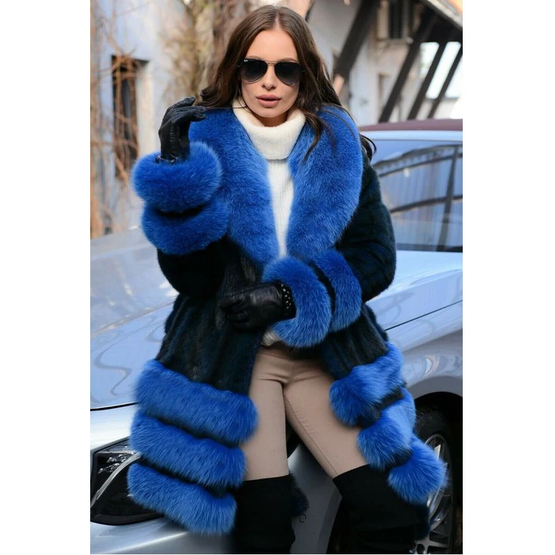 Fashion Long Genuine Mink Fur Coat With Sliver Fox Fur Collar And Bottom Natural Real Mink Fur Jacket With Belt Overcoats Luxury