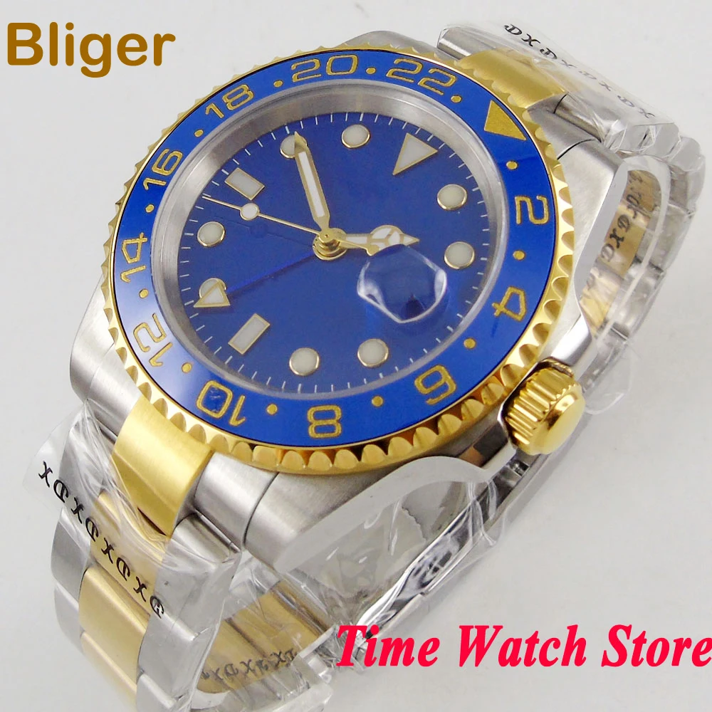 

Bliger 40mm gold GMT 3804 automatic wrist watch men waterproof blue strile dial luminous sapphire glass ceramic Bezel 145
