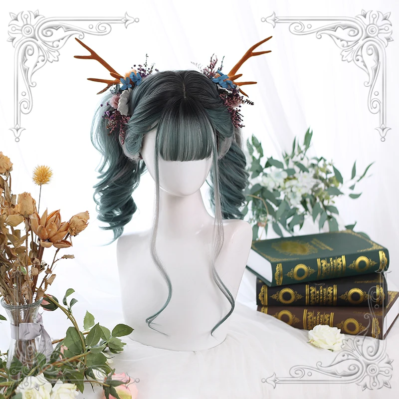 

High Quality Lolita Dark Green Dyed Gray Gradual Change Air Bangs Long Curly Hair Wig Cosplay Party