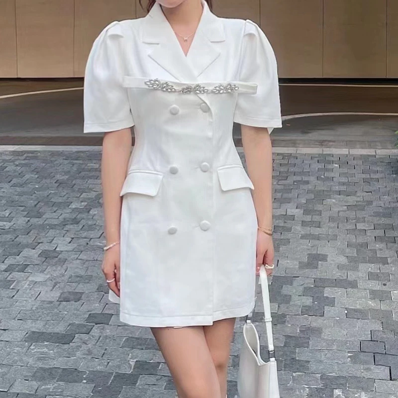 

GALCAUR Blue Casual Dress For Women V Neck Puff Short Sleeve High Waist Mini Solid Double Breasted Pockets Dresses Females 2021