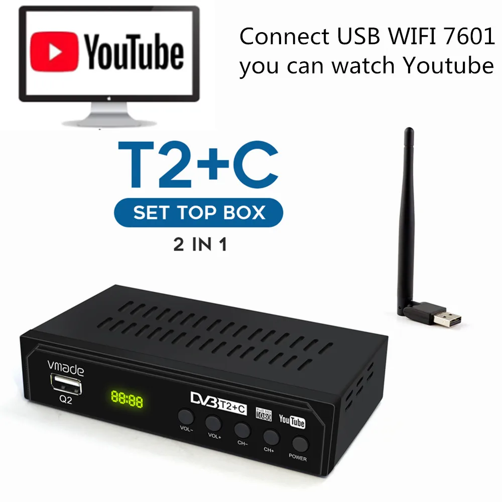 DVB-T2 DVB-C 2 в 1 HD ТВ-тюнер Полностью 1080P цифровой приемник WIFI Бесплатная ТВ-приставка