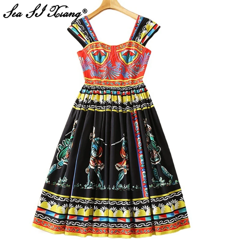 

Seasixiang Fashion Designer Early Autumn Cotton Dress Women Sleeveless Backless Vintage Print Vacation Mini Dresses