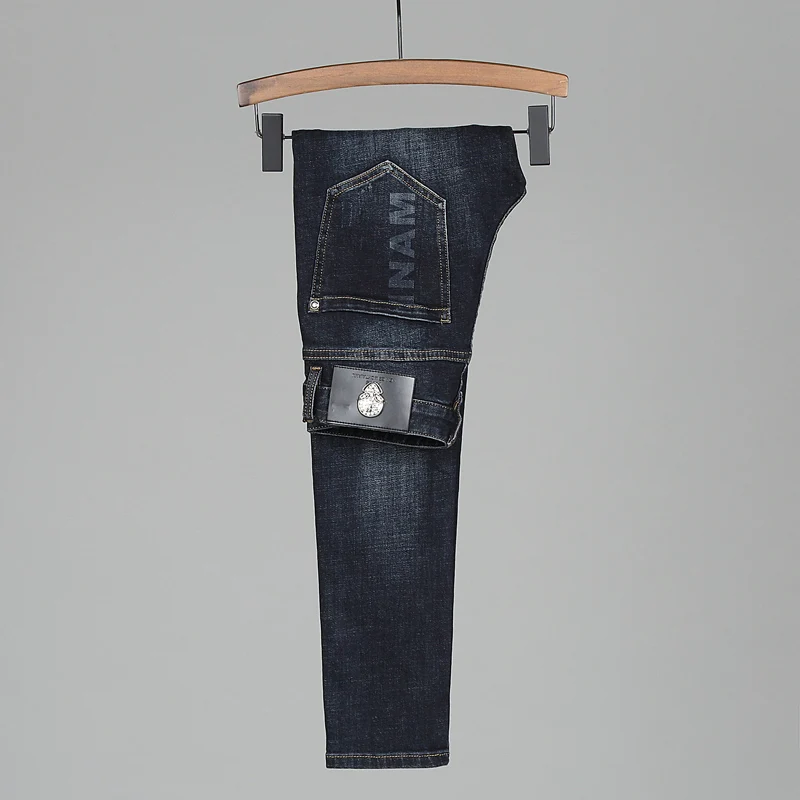 European Street Fashion Men Jeans High Quality Elastic Printed Designer Slim Ripped Jeans Men Skull Embroidery Denim Punk Pants