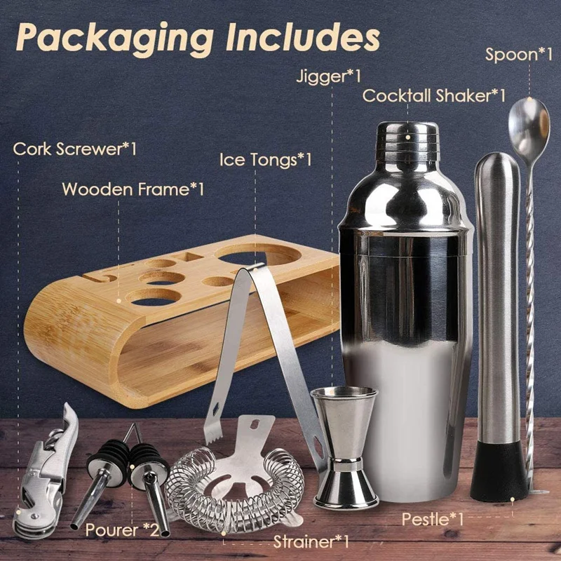 

10 Pcs Bartender Kit with Stand Top Materials Bar Set and Cocktail Shaker Set Stainless Steel Bar Tools