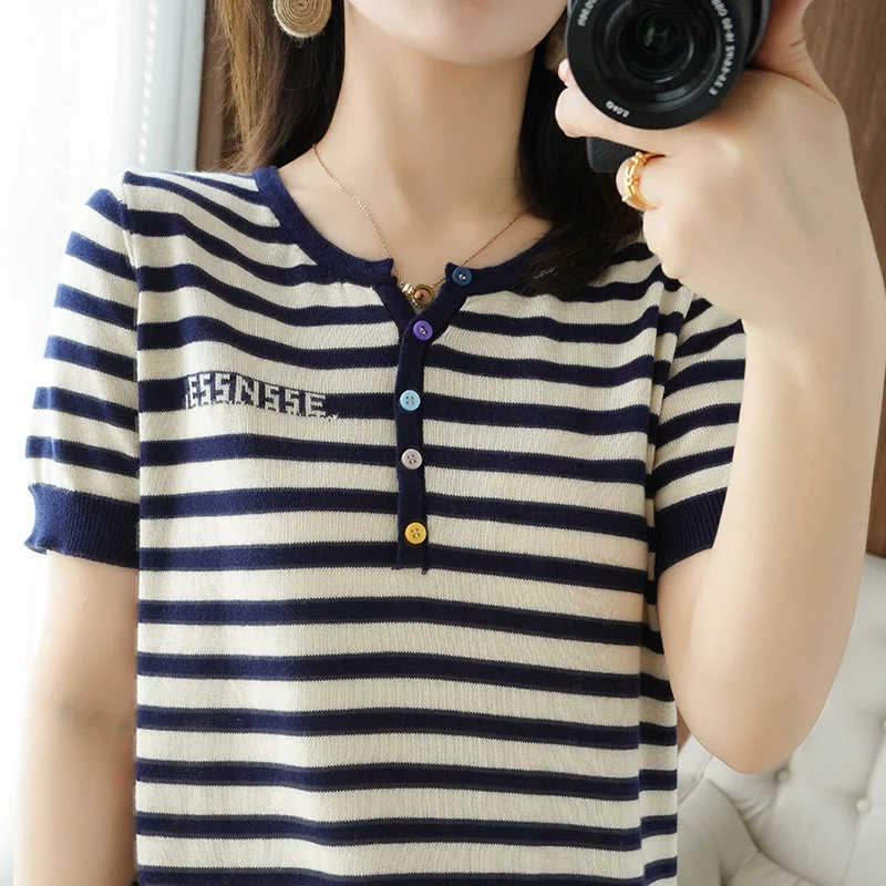 

OLOME 2021 summer new O-neck buttons collar 100% cotton top T-shirt women striped color show thin knitted short-sleeved casual