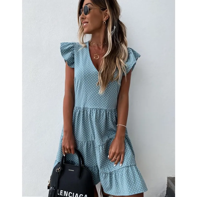 

Boho Dress Women 2020 New Summer Sundress Casual Ruffles Short Sleeves V-neck Dot Bohemian Party Vestidos Elegant Mini Dresses