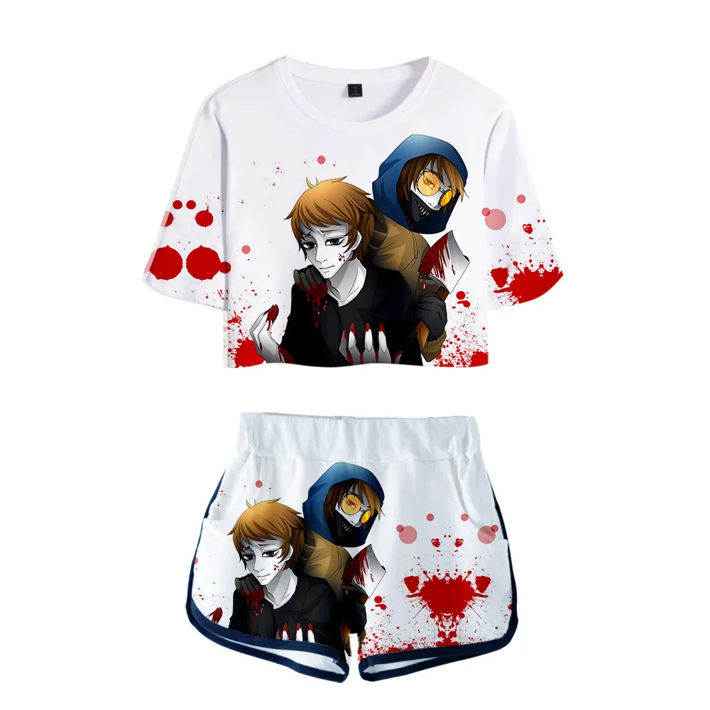 

popular Creepypasta-Two Piece Set Short Sleeve Crop Top+Short Tracksuit for Women/Girl Two Piece Sets Sport suit Summer Casual