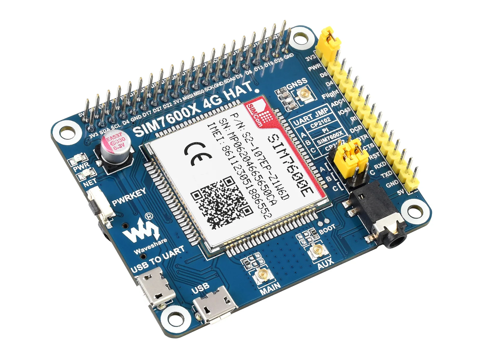 Шляпа Waveshare SIM7600E LTE Cat 1 для Raspberry Pi 3G / 2G/GNSS Юго Восточной Азии Западной Европы