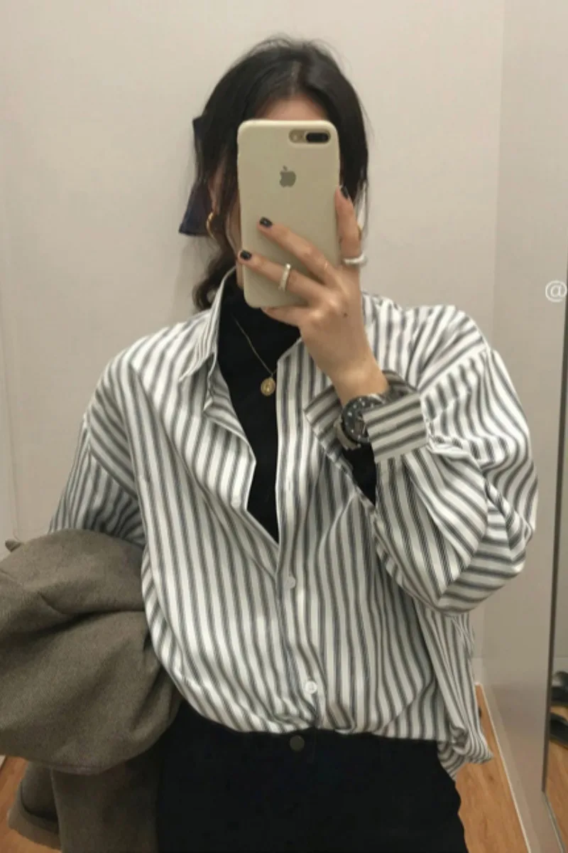 

SuperAen Striped Women Shirts Retro New Design 2021 Spring Turn Down Collar Full Top