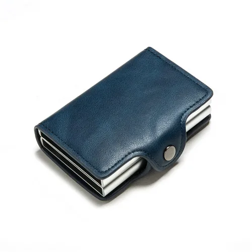 Blue YM0011 Bycobecy держатель для карт, кошелек, RFID Блокировка, двойная металлическая коробка, кредитная карта, алюминиевый кожаный чехол для визиток, кошелек, кошелек - Цвет: Blue YM0011