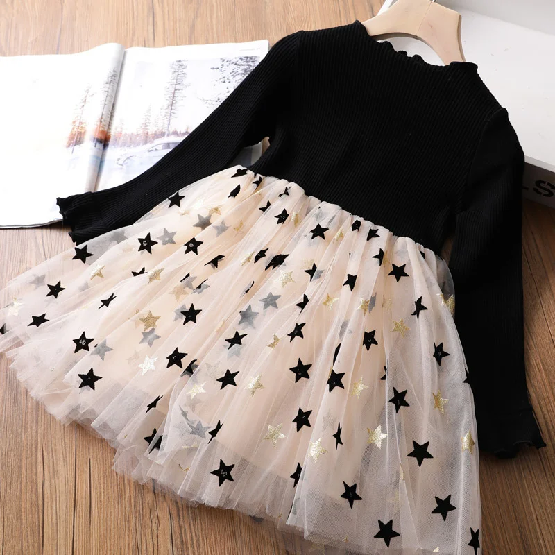

Spring Autumn Children Party Costume 3-7 Y Sweet Kids Vestidos Cute Infant Star Mesh Princess Dress Casual Baby Girls Clothing