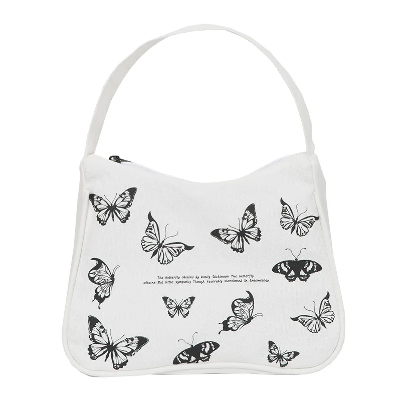 

Весенняя женская маленькая сумочка, Холщовая Сумка-тоут с принтом бабочки, женская модная сумка на молнии для подмышек, сумки в форме полуме...