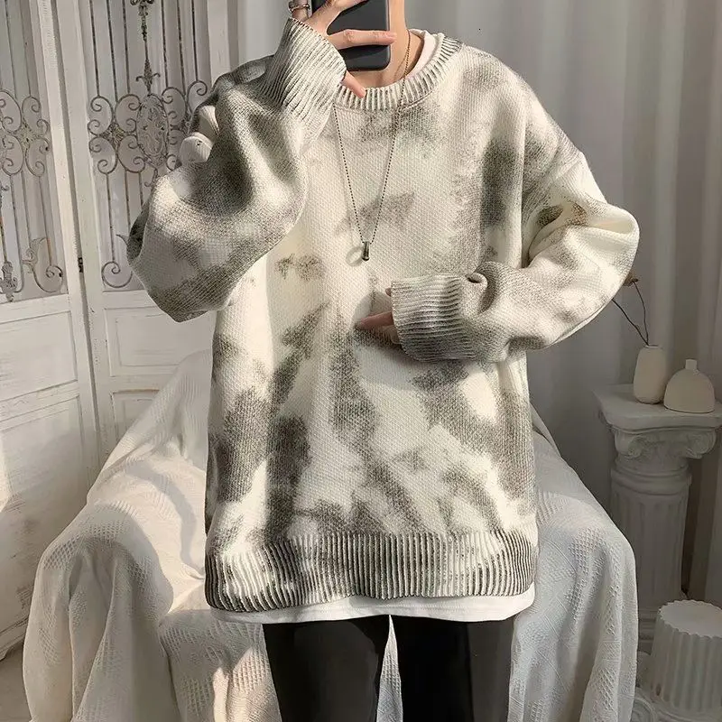 

Autumn Winter Tie-dye Sweater Men's Warm Fashion Retro Casual Knitted Pullover Men Streetwear Korean Loose Sweater Mens Clothes