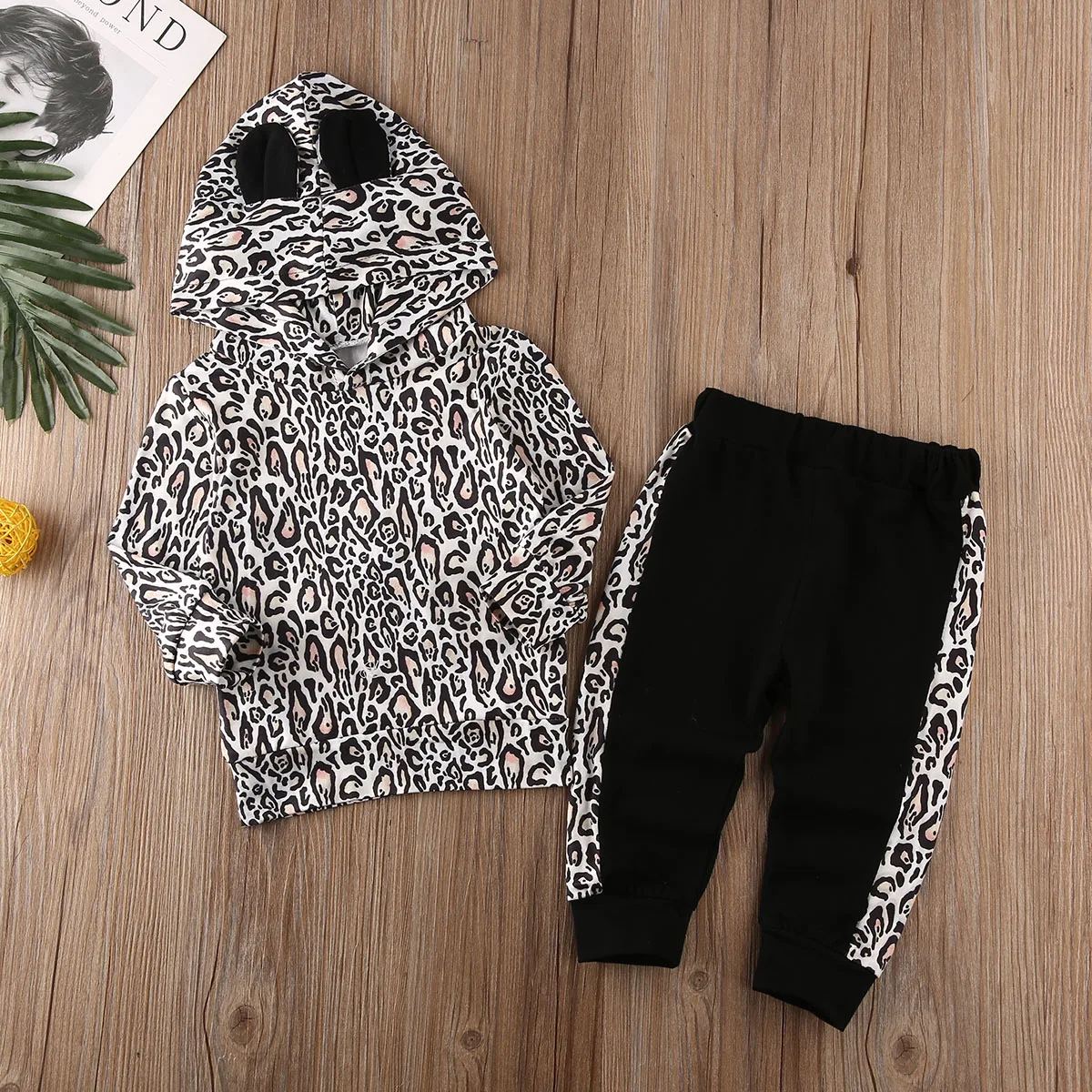 0-3T 2pcs Toddler Kids Baby Girl Outfits Long Sleeve Leopard Print Hooded Sweatshirt Hoodie Tops+Pants Outfit Set | Детская одежда и