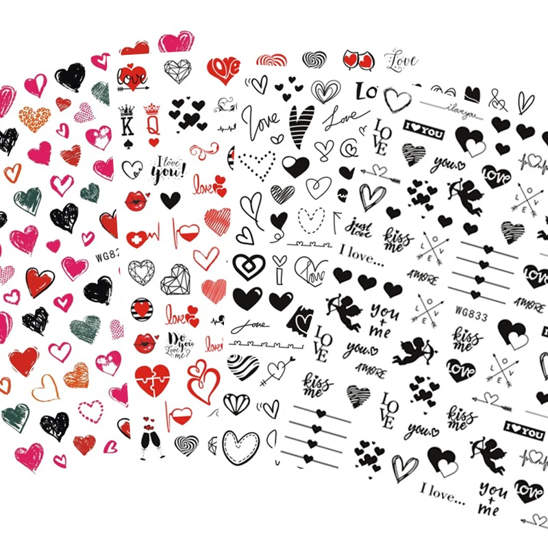 

1pc Black Red Heart Love Design 3D Nail Sticker English Letter Angel Wine Trasnfer Sliders Valentine's Day Art Decorations