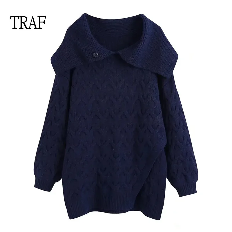 

TRAF Women Oversized Sweaters 2021 Winter Fashion Lapel Long Sleeve Pulovers Woman Side Sweater Loose Knitted Chic Tops