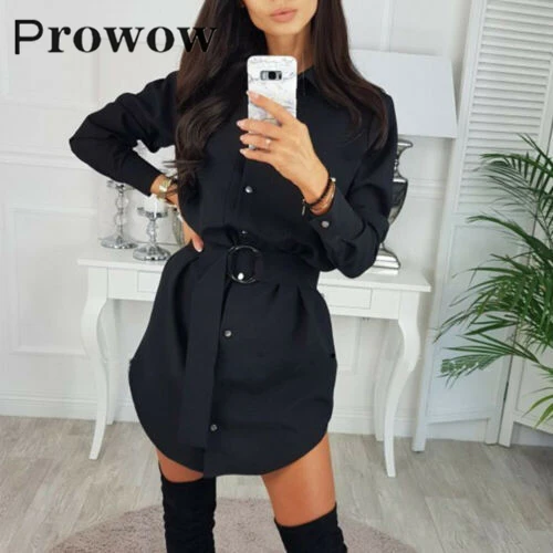

Prowow Solid Shirt Dress spring Autumn fashion women belt office lady Dress Single-breasted Turn-down Collar plus size Dresses