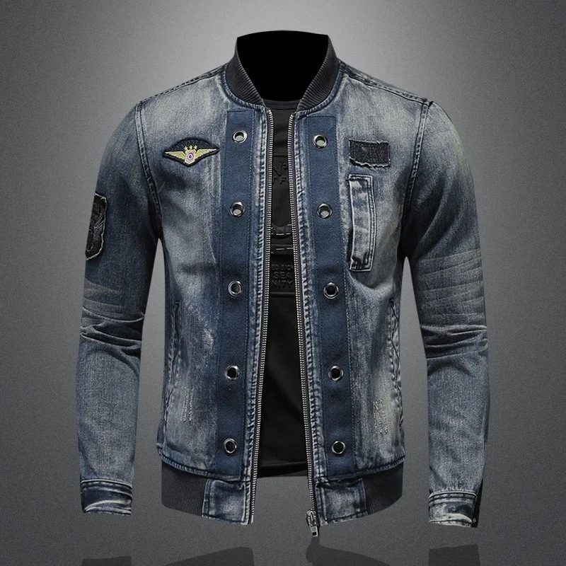 

European Style Stand Collar Patch Bomber Pilot Blue Denim Jacket Men Jean Coats Motorcycle Casual Denim Outwear Overcoat