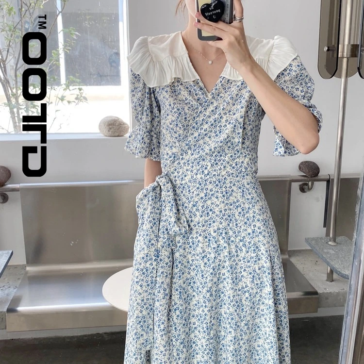 

OOTD 2021 Korean Floral Dress Summer Vintage Sweet Doll Collar Patchwork One Piece Lace Waist Flare Sleeve Age Reduction Dress