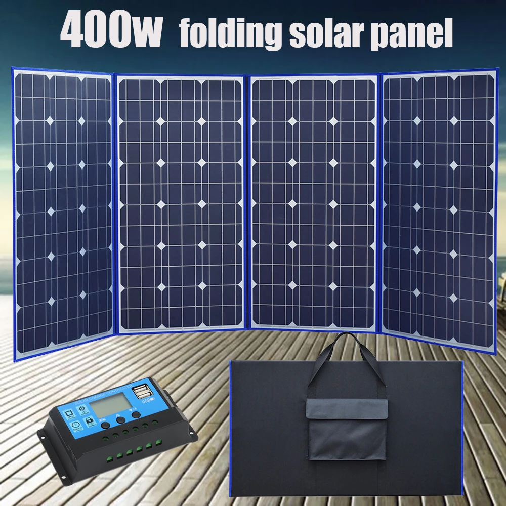 

400W 12V Portable Solar Battey Charger Solar Panel Foldable Kit for Car Boat RV Home with 12V Controller 30A Extension Cable