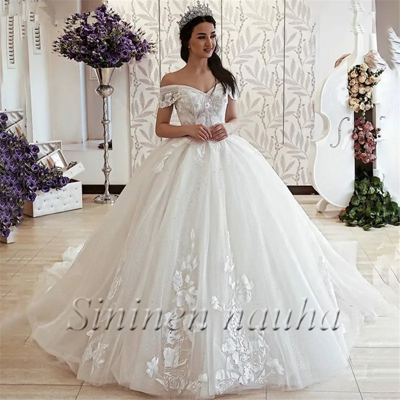 

Off the Shoulder Wedding Dresses for Women Bridal Gowns Appliques Ball Gown White Dress Vestido De Noiva Robe De Mariage 415