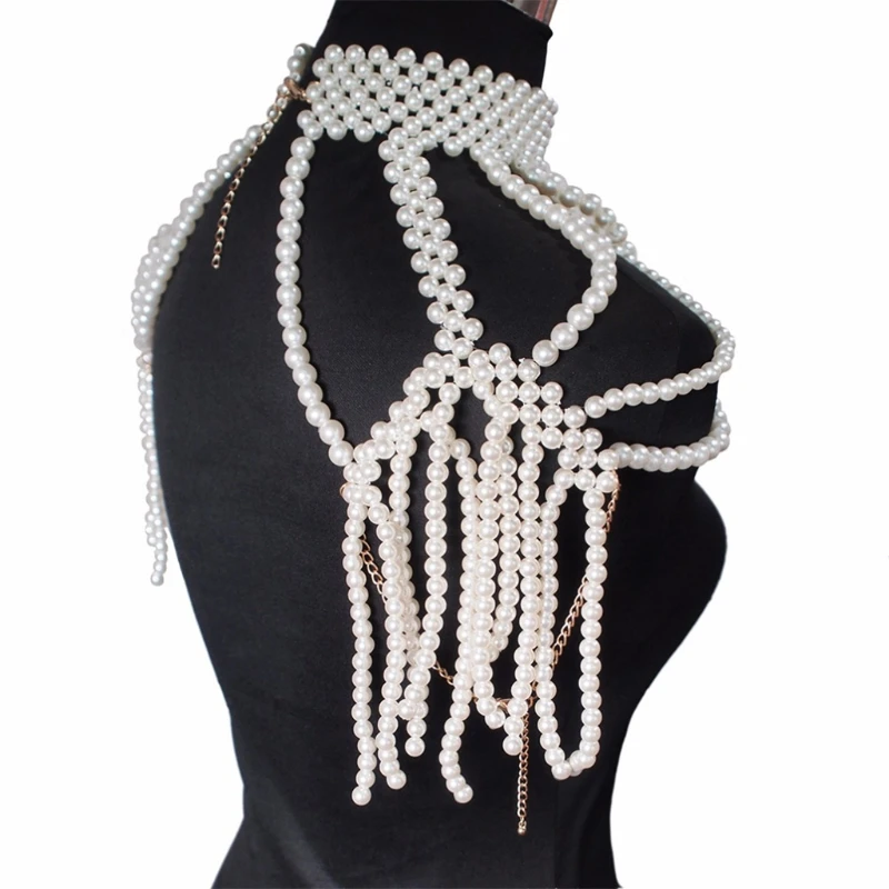 

Simulated Pearl Beads Body Necklace for Women Fake Collar Bib Jewelry Shoulder Chain Tassels Harness Choker Dickey
