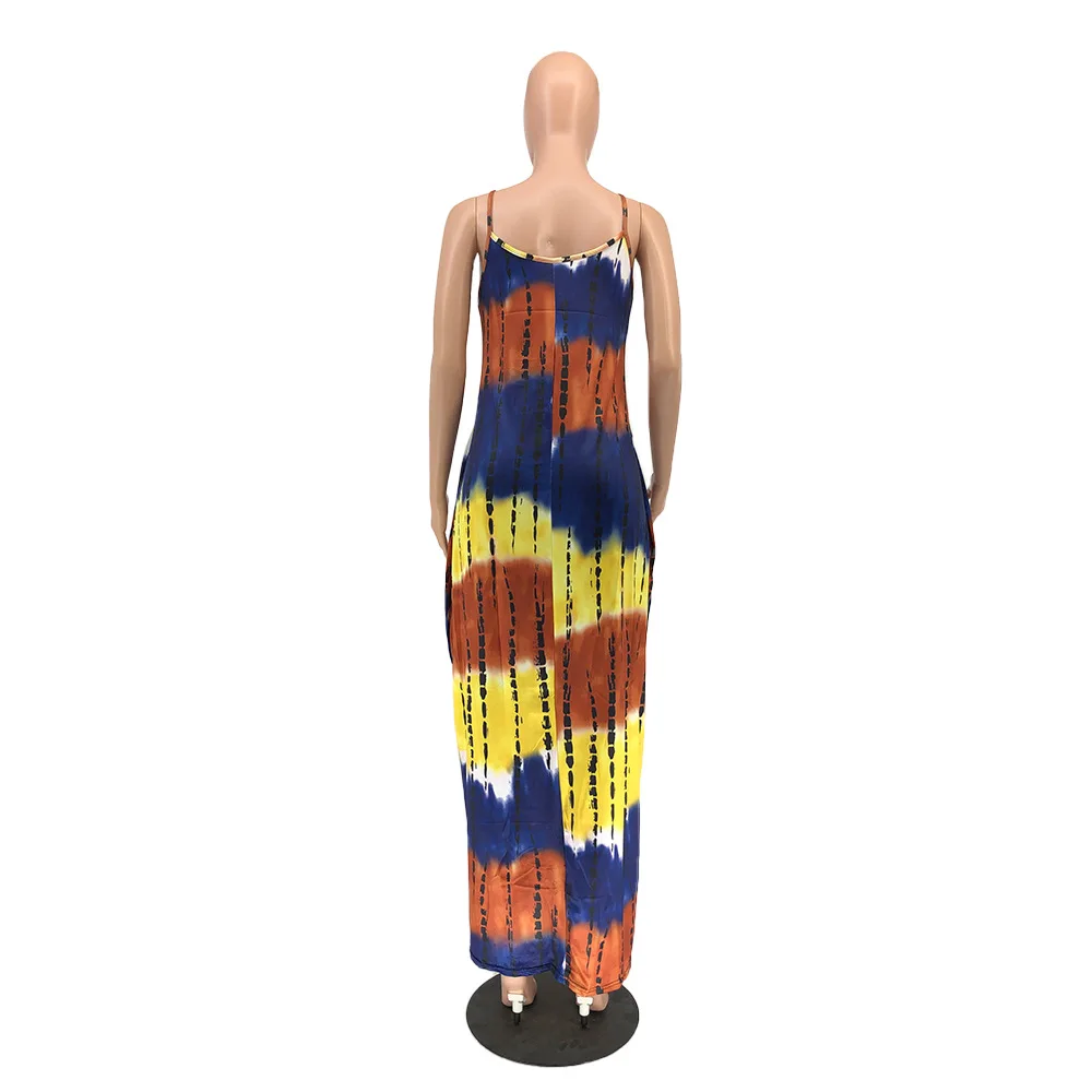 

Women Summer Casual Maxi Dress Sexy Tie Dye Stripe Bodycon Long Dresses Pockets Sleeveless Sundresses