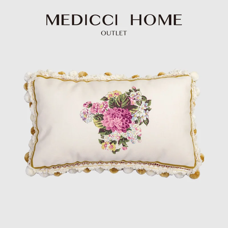 

Medicci Home Lumbar Pillow Case With PomPom Tassels Elegant Flowers Boutique Luxury Coussin Rectangle Cushion Case Bedroom Sofa