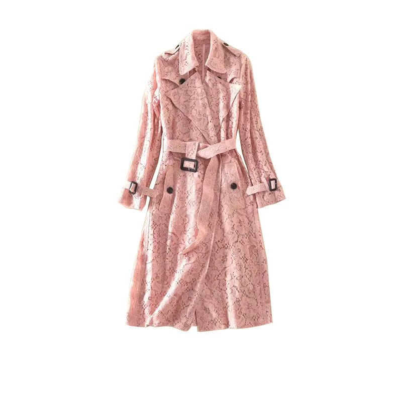pink Женский розовый цветочный кружевной плащ двубортный пояс тонкие ленты сексуальная верхняя одежда Новинка осень - Цвет: pink