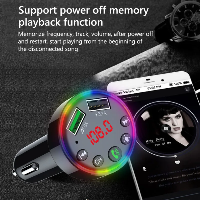 

Phaany Car Bluetooth 5.0 FM Transmitter Wireless Handsfree MP3 Player With Colorful Light 3.1A Car USB Charger Audio Receiver