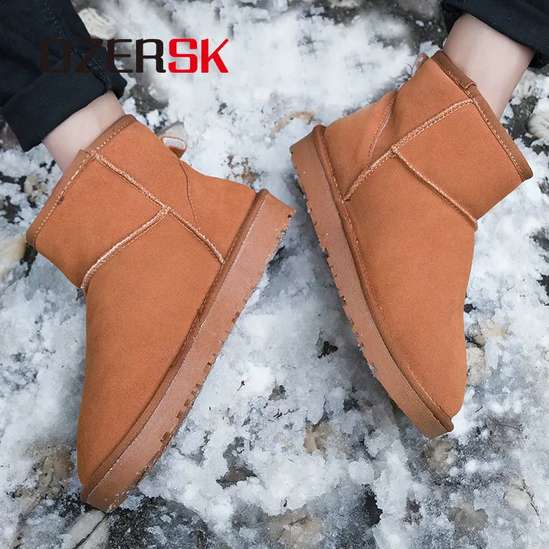 

OZERSK Brand 2021 Quality Genuine Leather Men Fashion Fur Boots Winter Waterproof Footwear Snow Boots Ankle Boots Unisex Shoes