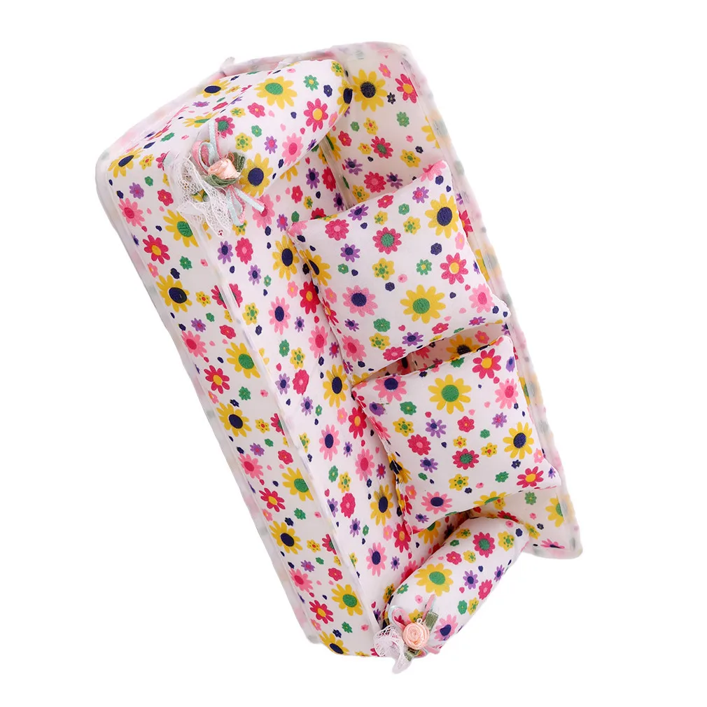 Мини ролевые игры мебель для кукол цветок ткань диван с 2 полный подушки